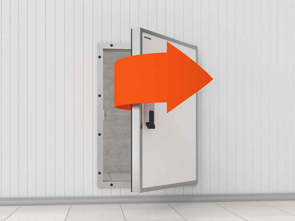 Накладной монтаж снаружи помещения с расположением петель справа.